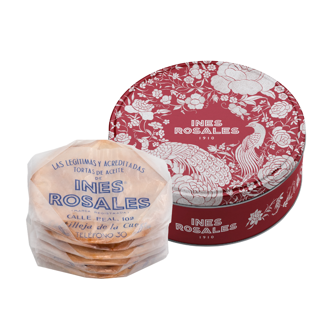 lata mantón rojo con tortas de aceite original Inés Rosales